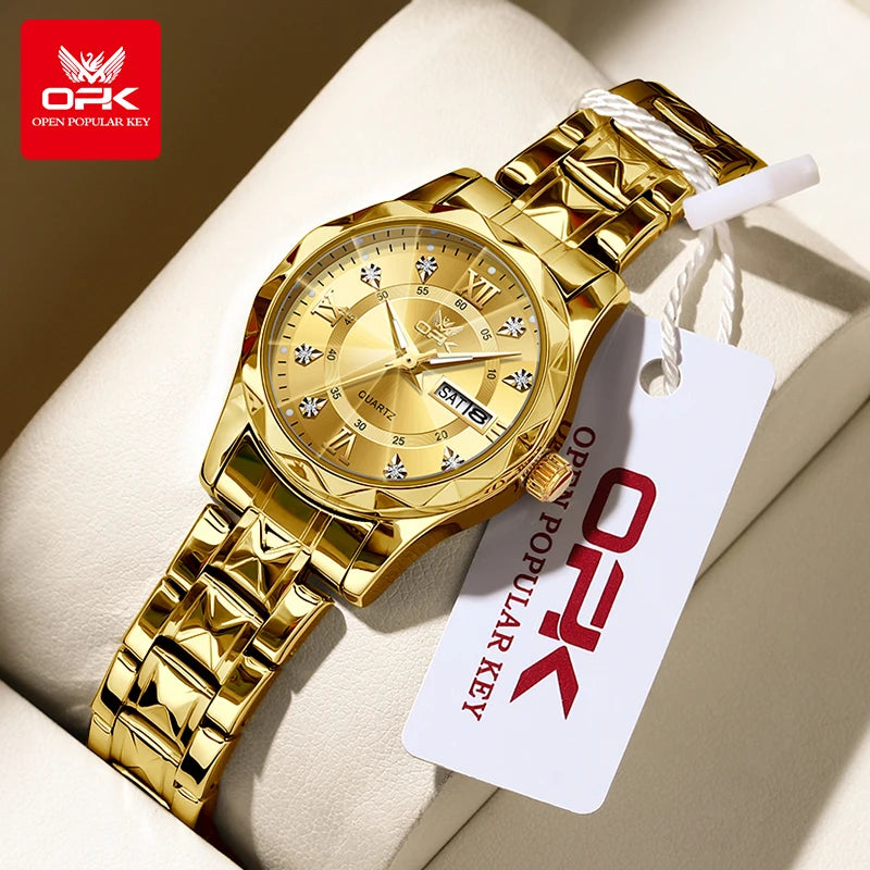 OPK Brand women's steel strip quartz watch dual calendar waterproof night light 6023