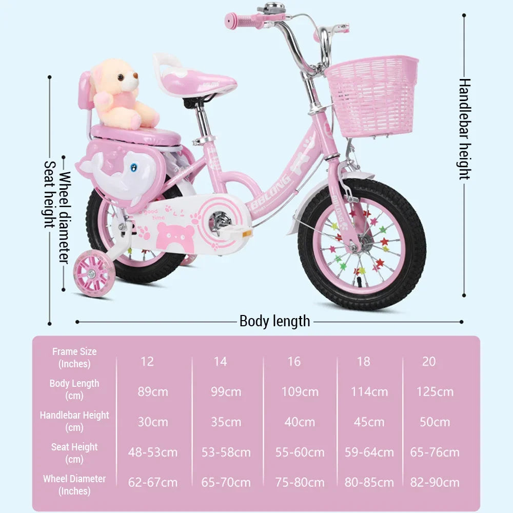 Kids' Bicycle 12–20 Inch for Girls – With Training Wheels & Basket