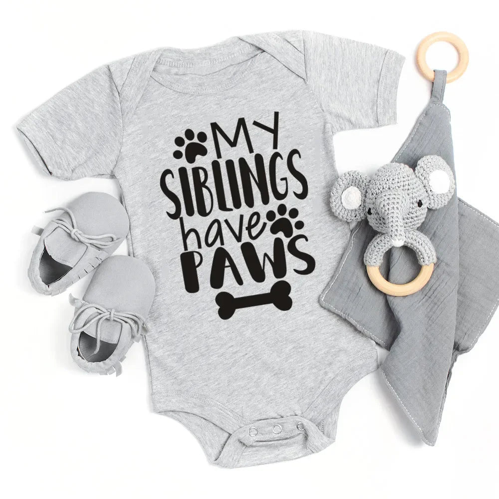 My Siblings Have Paws” Baby Bodysuit – 100% Cotton Summer Romper