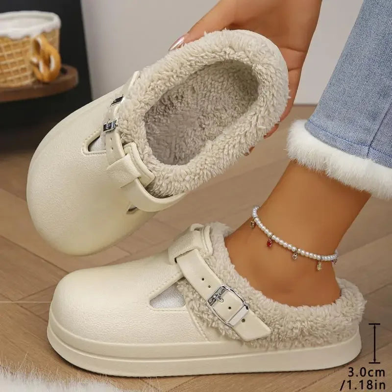 Waterproof EVA Furry Mules Slippers for Women – Luxury Warm Plush Indoor Slides