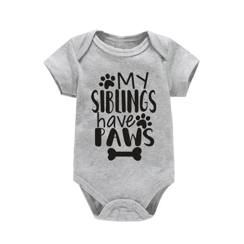 My Siblings Have Paws” Baby Bodysuit – 100% Cotton Summer Romper