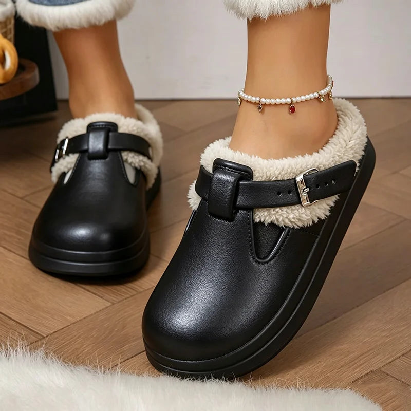 Waterproof EVA Furry Mules Slippers for Women – Luxury Warm Plush Indoor Slides