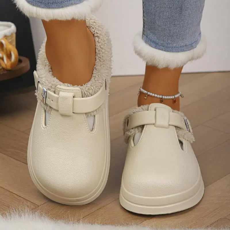 Waterproof EVA Furry Mules Slippers for Women – Luxury Warm Plush Indoor Slides