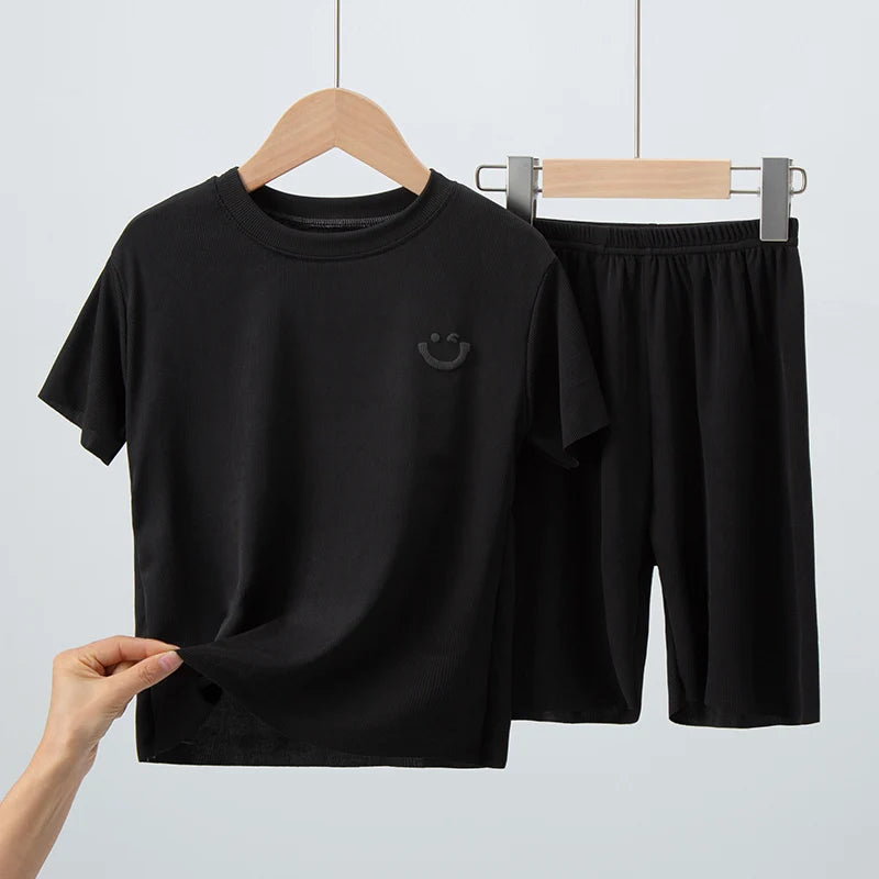 Kids Summer Ice Silk Outfit – Short Sleeve & Shorts 2-Piece Set