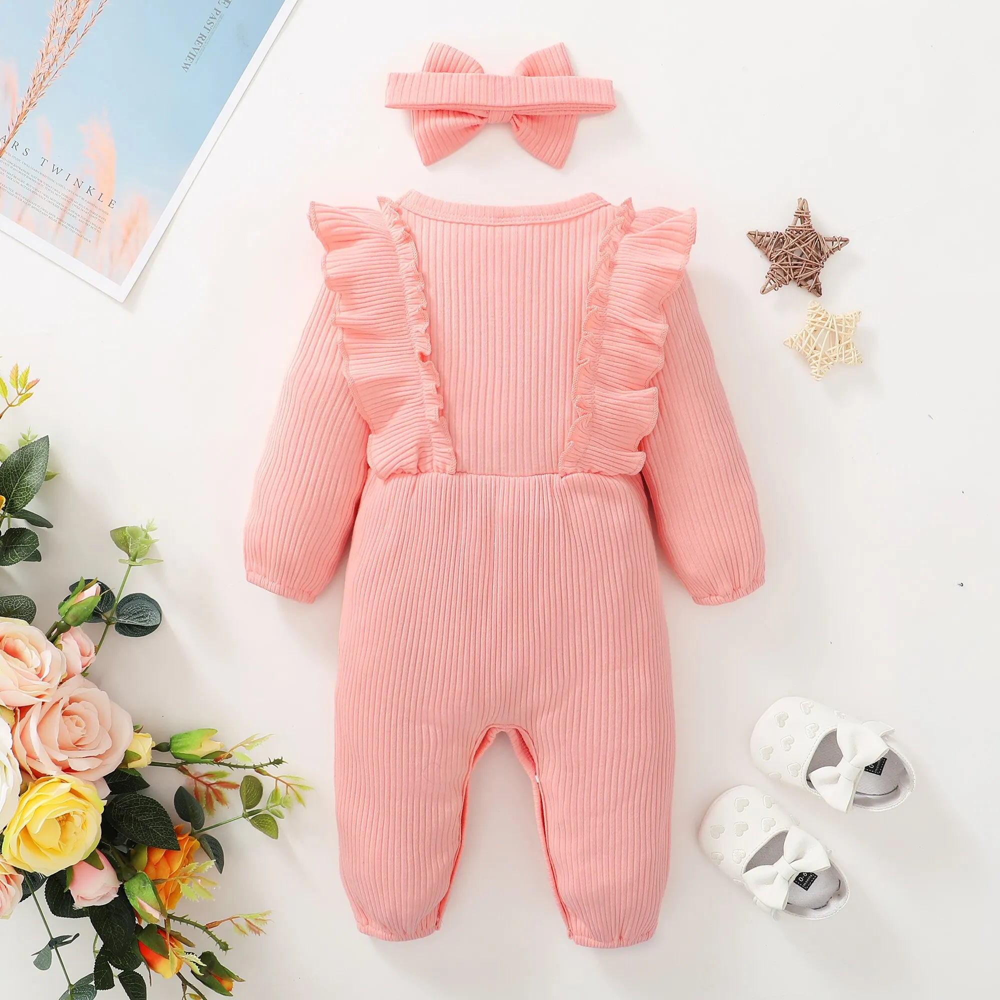 Baby Girl Ruffle Romper Set – Long Sleeve Onesie with Matching Headband