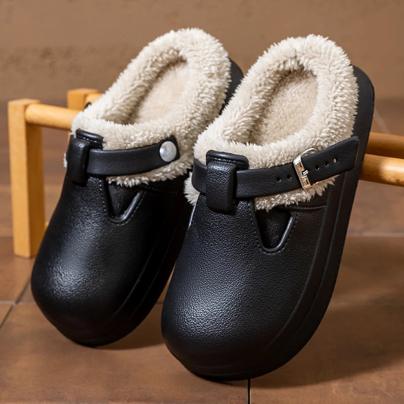 Waterproof EVA Furry Mules Slippers for Women – Luxury Warm Plush Indoor Slides