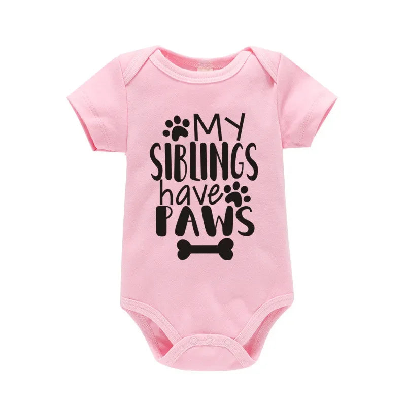 My Siblings Have Paws” Baby Bodysuit – 100% Cotton Summer Romper
