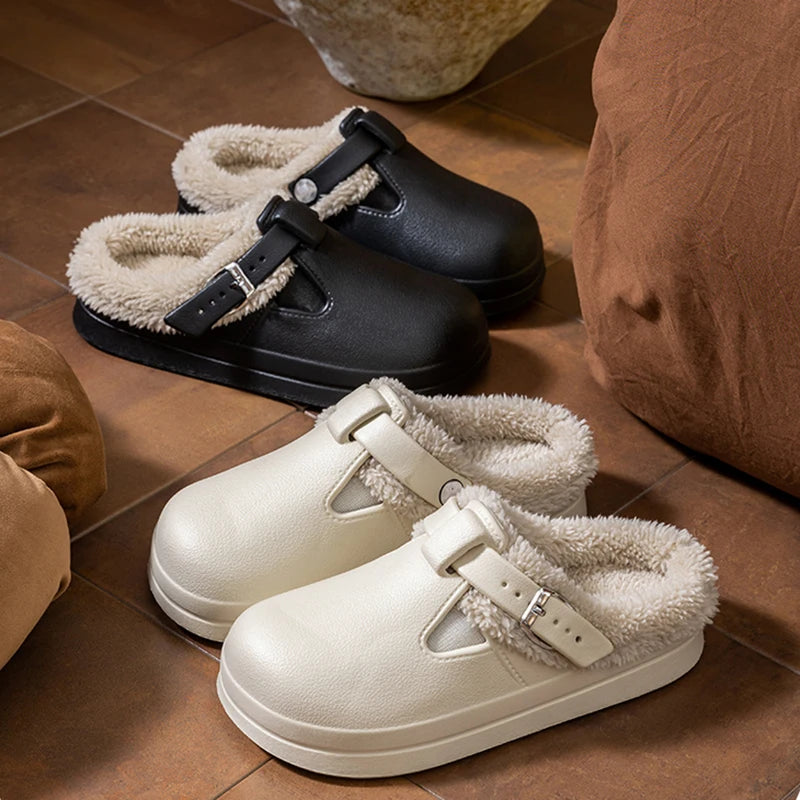 Waterproof EVA Furry Mules Slippers for Women – Luxury Warm Plush Indoor Slides