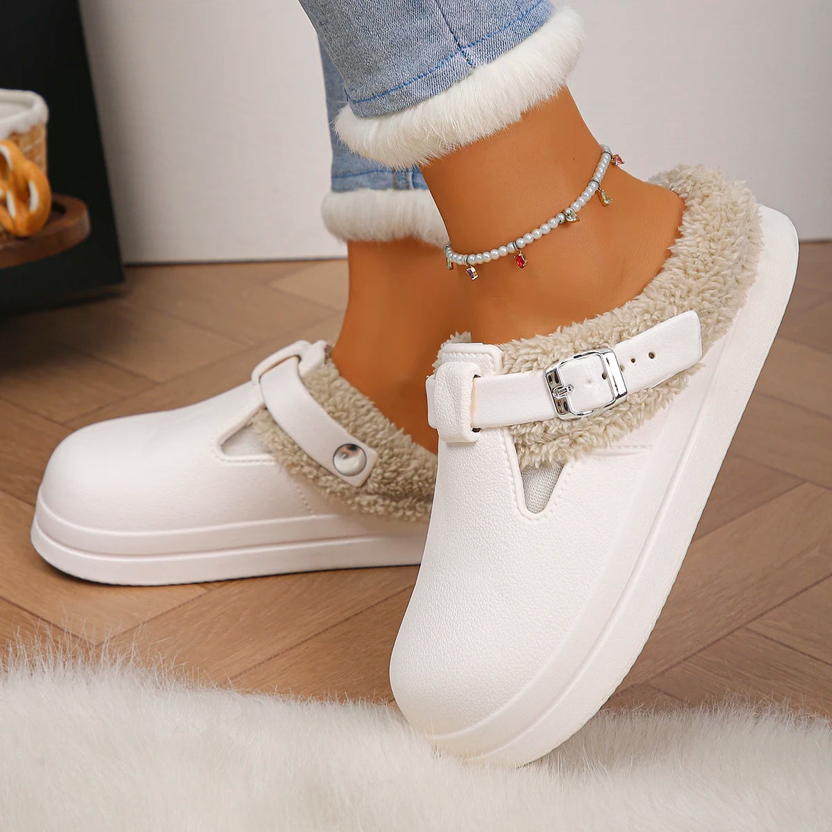 Waterproof EVA Furry Mules Slippers for Women – Luxury Warm Plush Indoor Slides