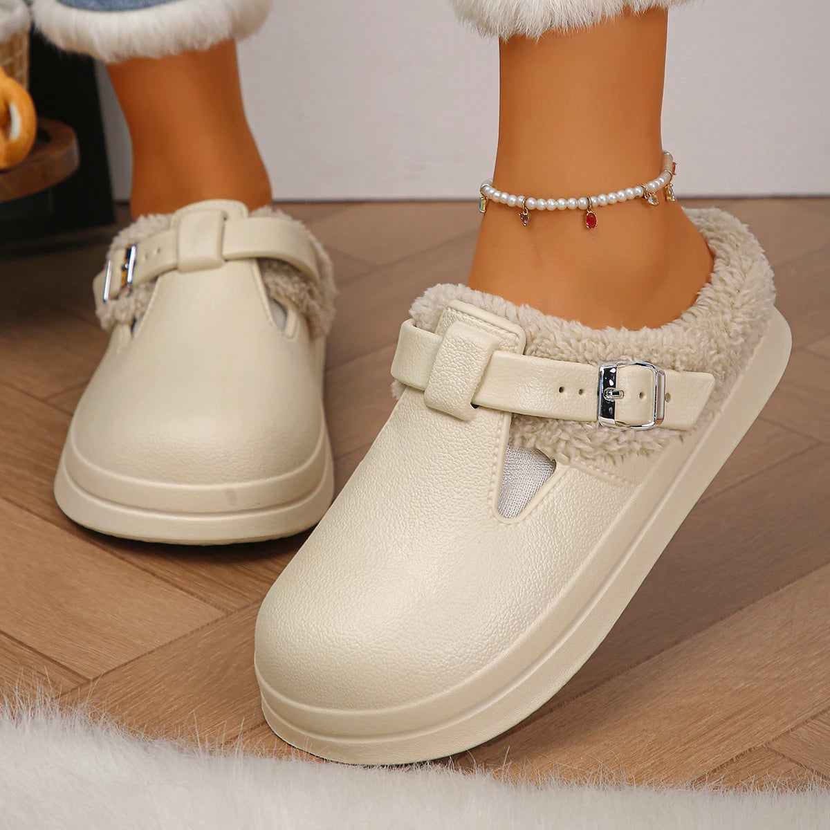 Waterproof EVA Furry Mules Slippers for Women – Luxury Warm Plush Indoor Slides