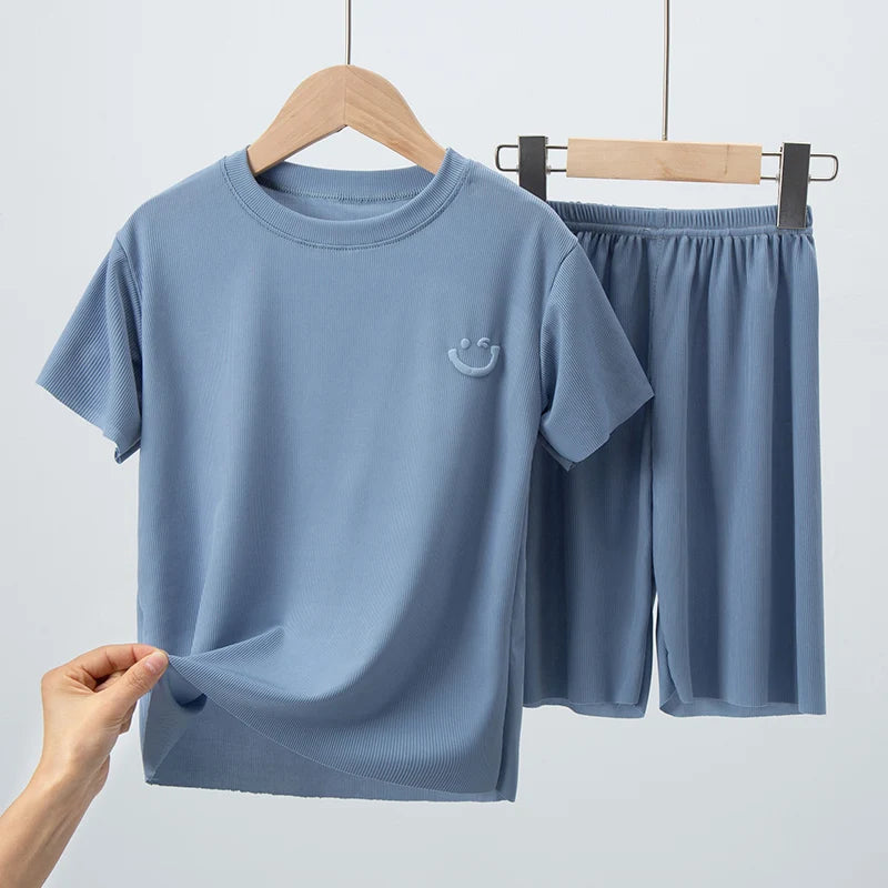 Kids Summer Ice Silk Outfit – Short Sleeve & Shorts 2-Piece Set