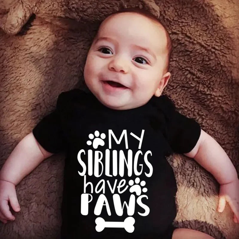 My Siblings Have Paws” Baby Bodysuit – 100% Cotton Summer Romper