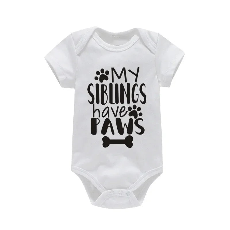 My Siblings Have Paws” Baby Bodysuit – 100% Cotton Summer Romper