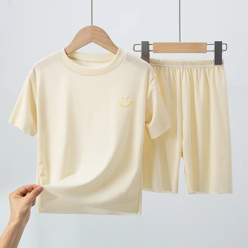Kids Summer Ice Silk Outfit – Short Sleeve & Shorts 2-Piece Set