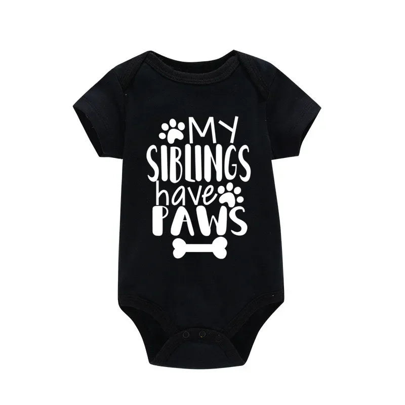 My Siblings Have Paws” Baby Bodysuit – 100% Cotton Summer Romper