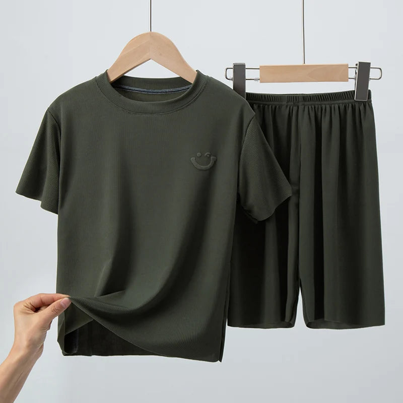 Kids Summer Ice Silk Outfit – Short Sleeve & Shorts 2-Piece Set