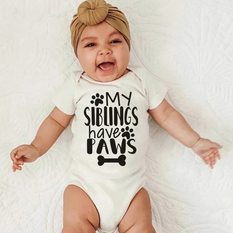 My Siblings Have Paws” Baby Bodysuit – 100% Cotton Summer Romper