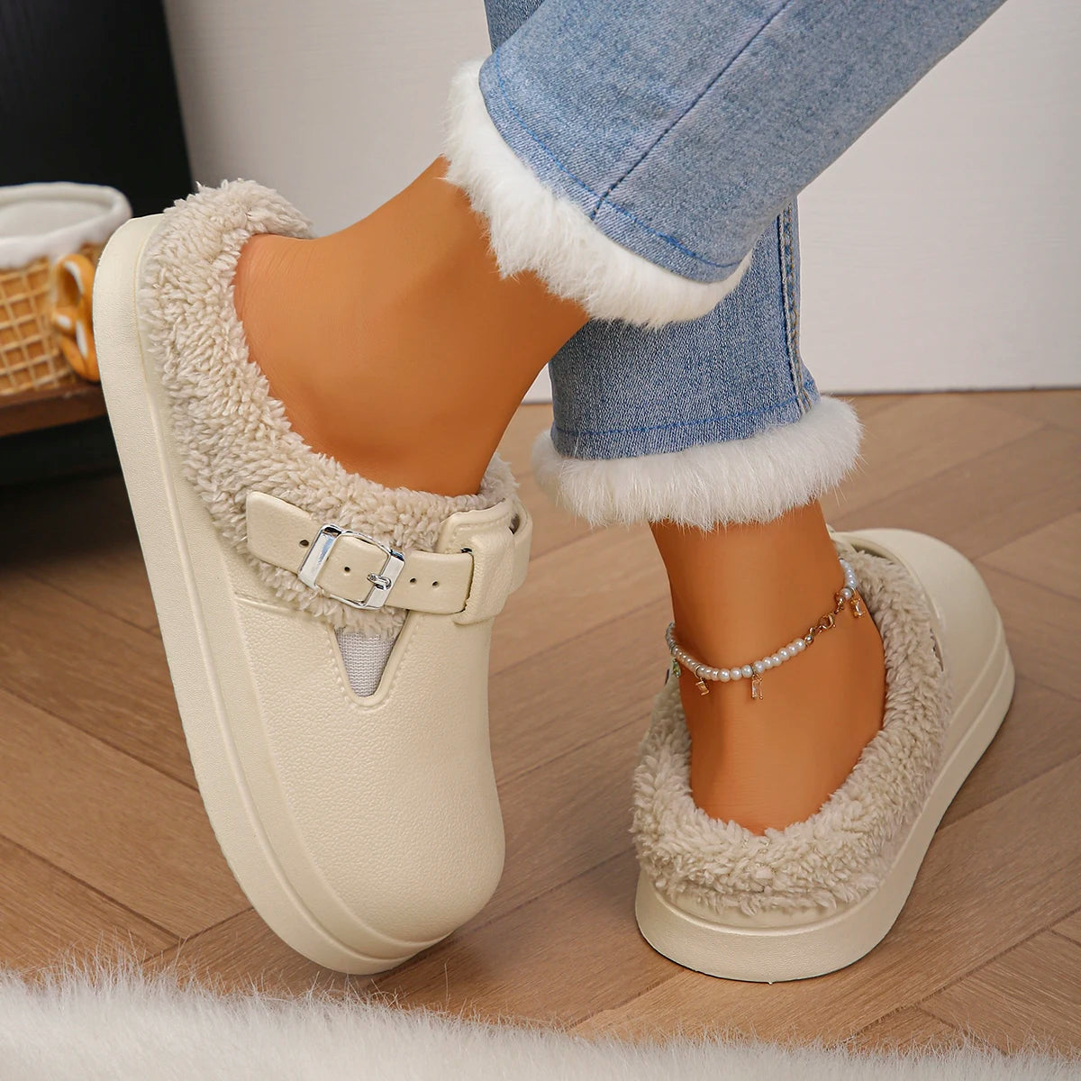 Waterproof EVA Furry Mules Slippers for Women – Luxury Warm Plush Indoor Slides