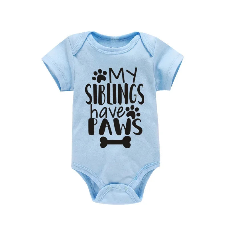 My Siblings Have Paws” Baby Bodysuit – 100% Cotton Summer Romper