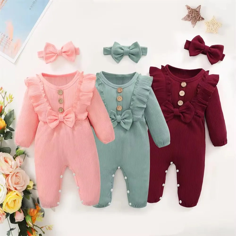 Newborn Baby Girl Ruffle Romper – Long Sleeve Onesie with Headband Set